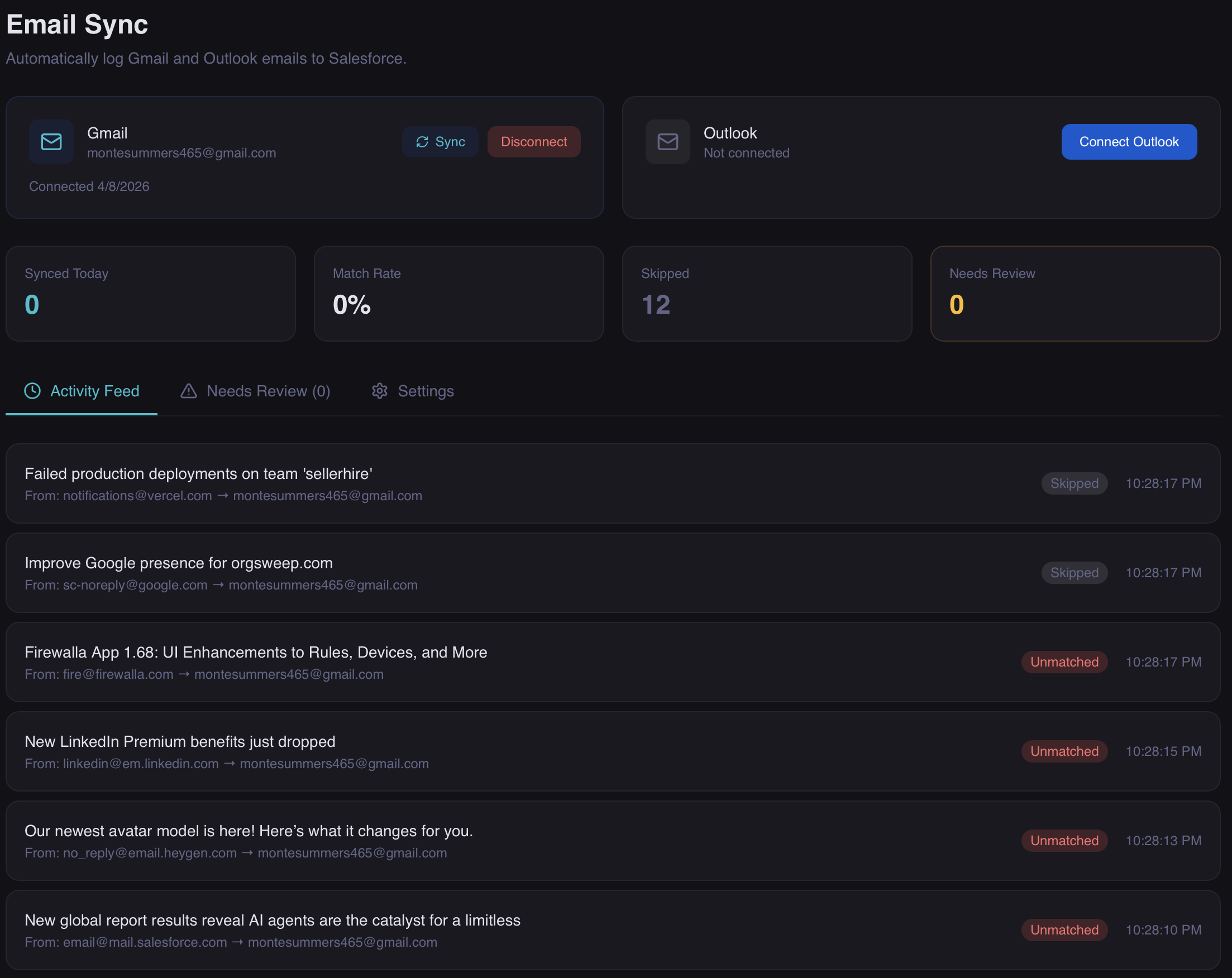 OrgSweep Email Sync showing Gmail connected with activity feed and match status