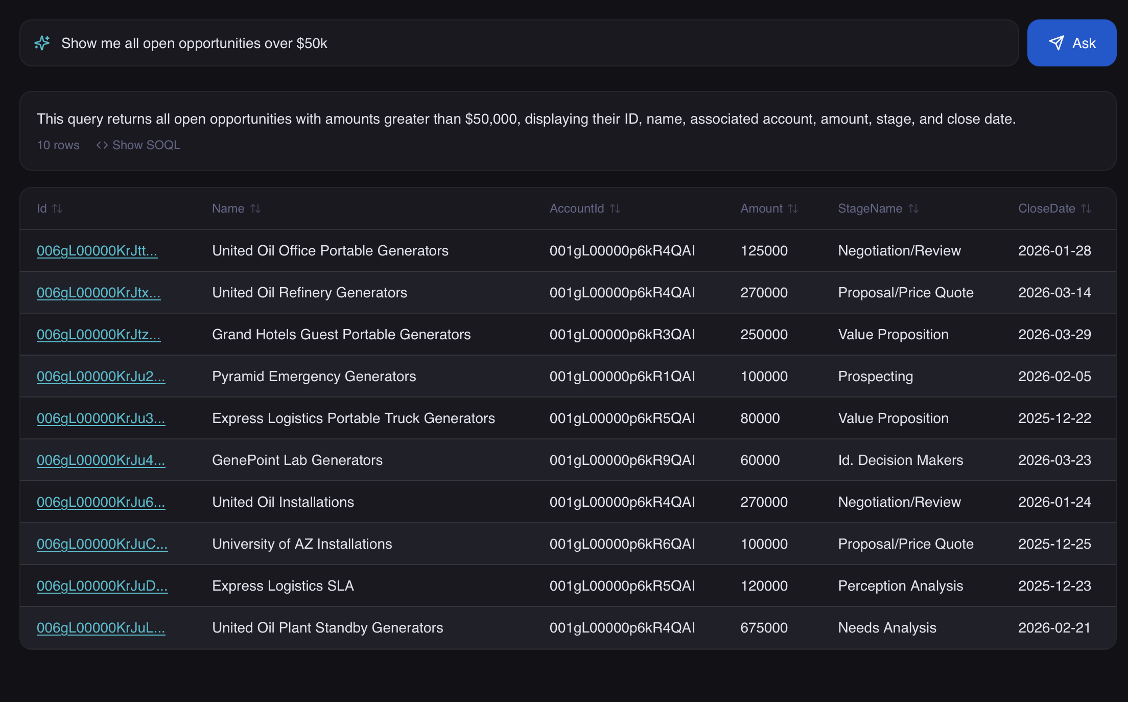 OrgSweep NL Reports showing query results with sortable table